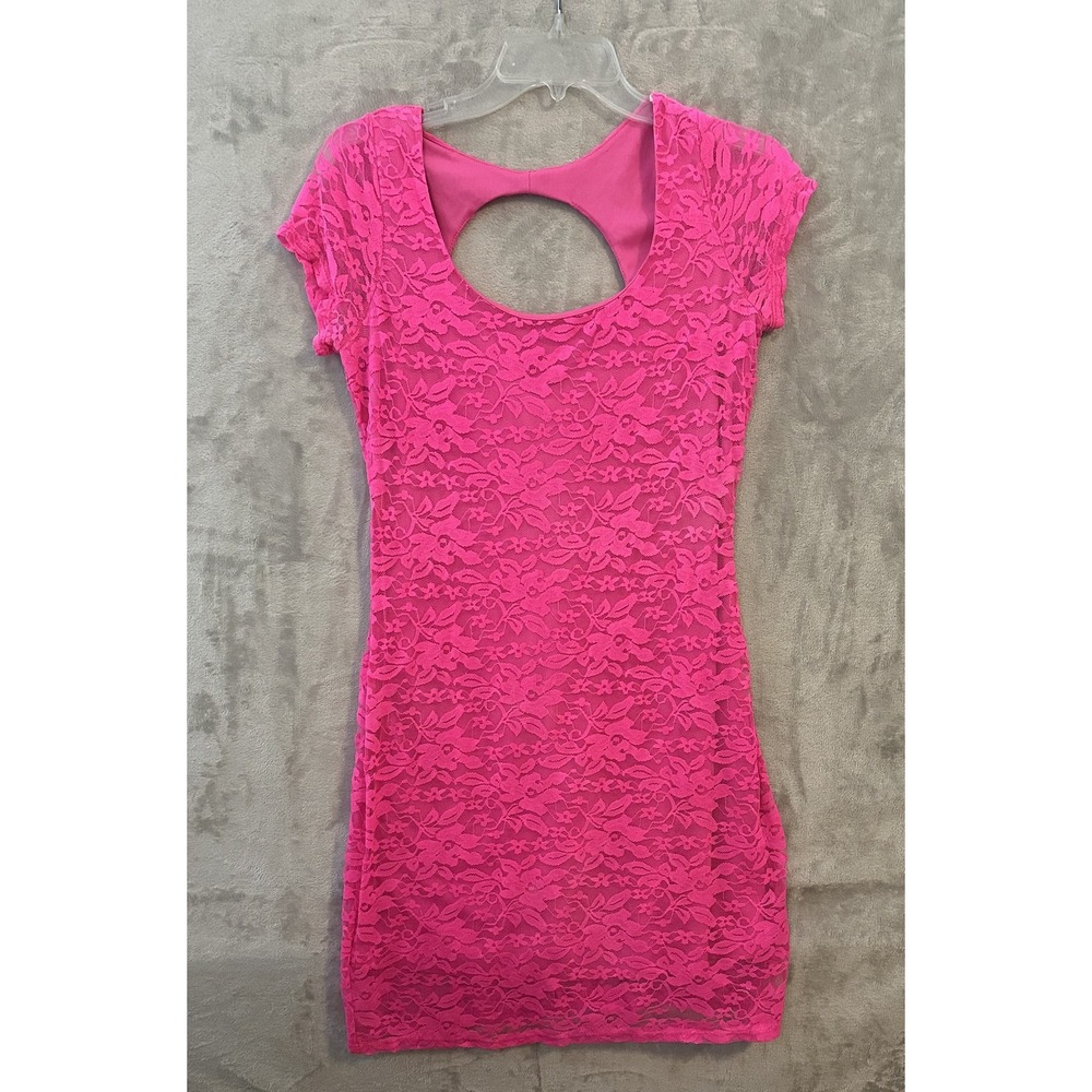 Free People Dress Womens Large Pink Lace Bodycon Scoop Back Cutout Party Mini